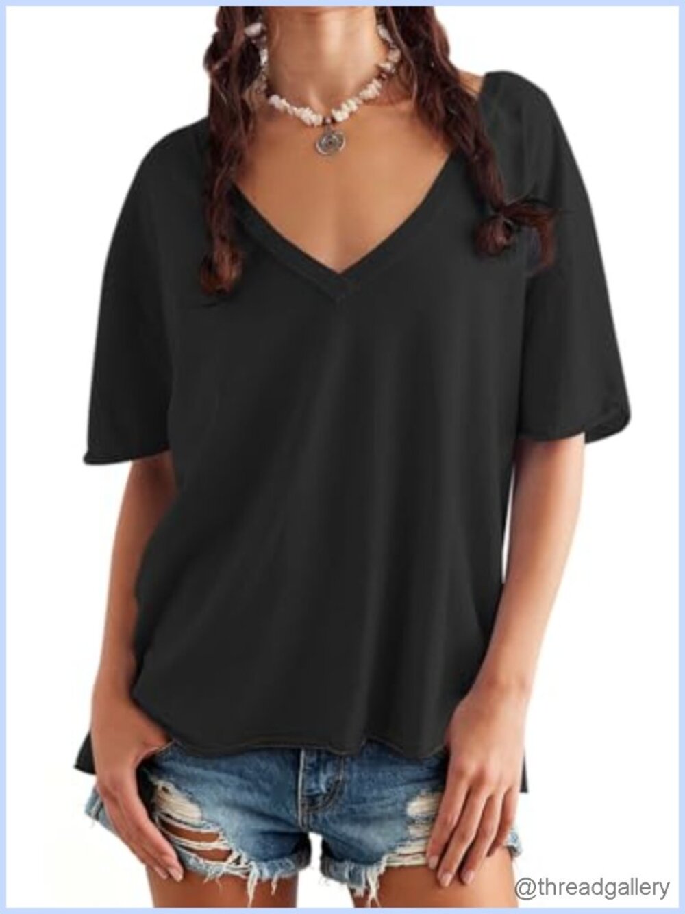 Womens Oversized T Shirts Loose Fit Deep V Neck Short Sleeve Tops